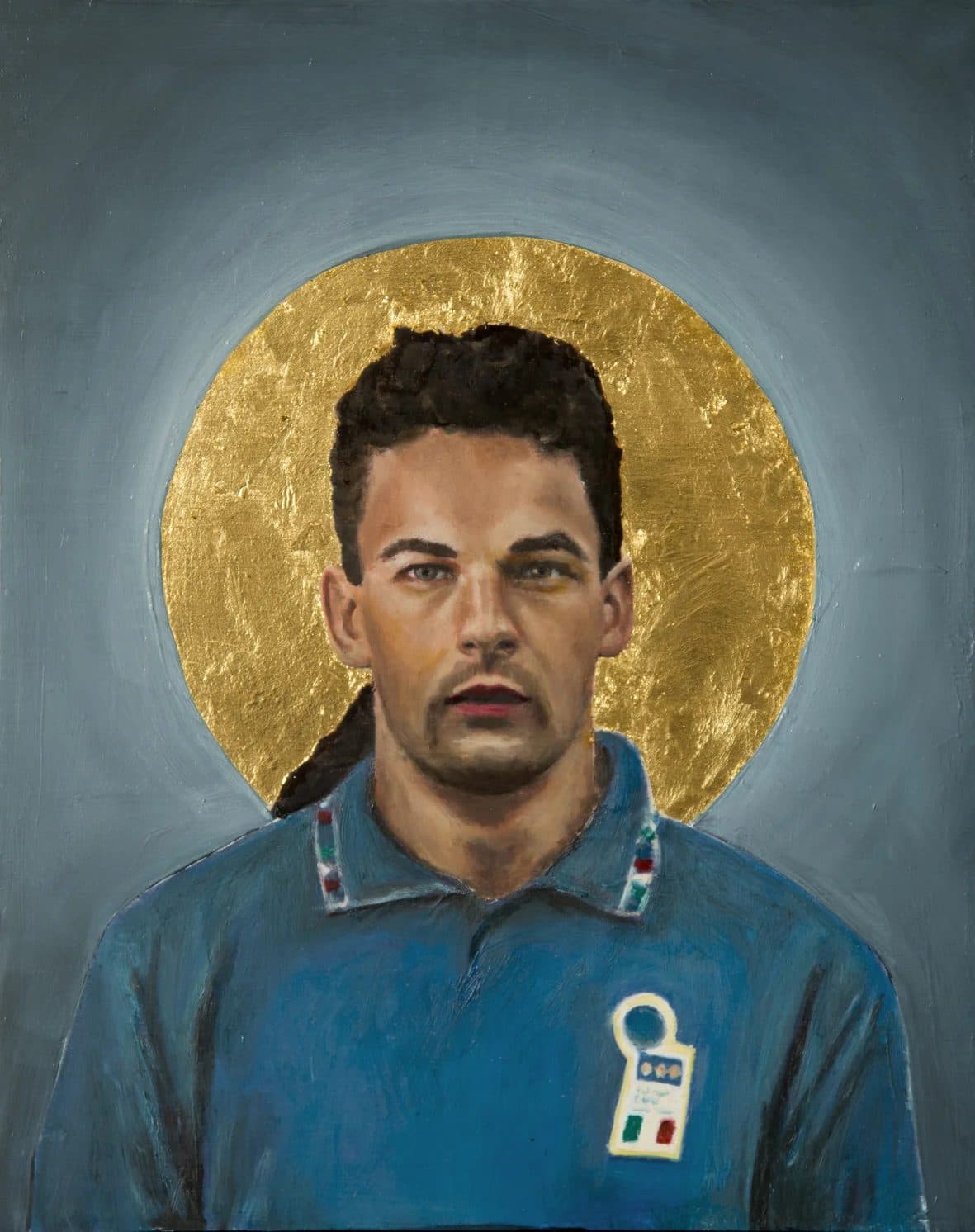 Gemälde von Roberto Baggio im blauen Italien-Trikot, hinter ihm ein Heiligenschein aus Blattgold